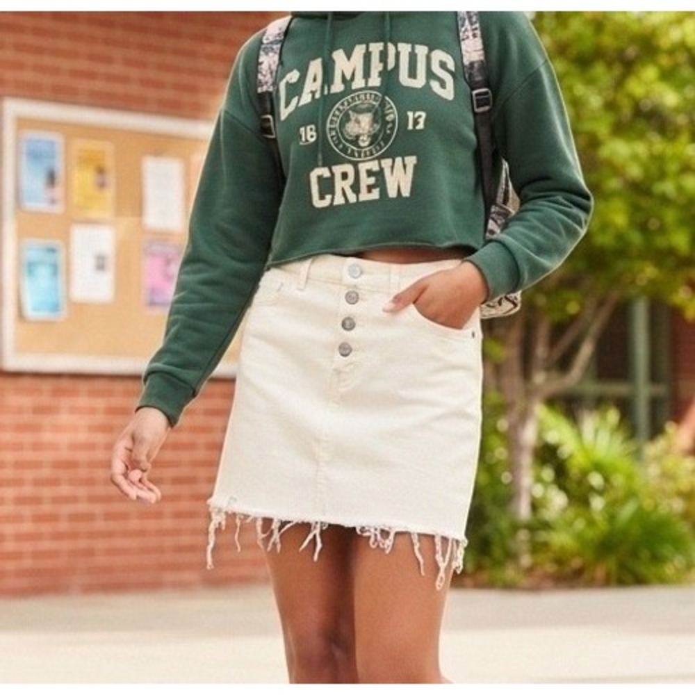 Mossimo Denim Mini Skirt 6 High Waisted Button Fly Frayed Hem Cream Off-White